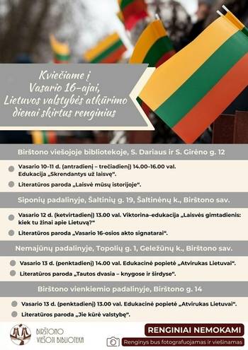 Aicinām uz pasākumiem, kas veltīti 16. februārim, Lietuvas valsts atjaunošanas dienai